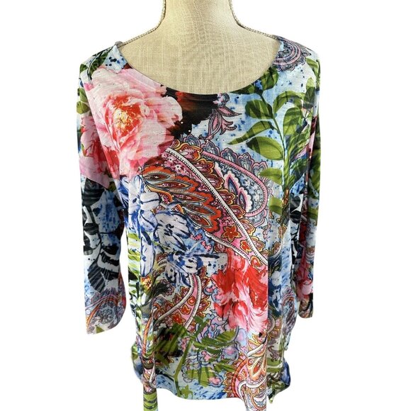 Time And Tru Womens L Bright Floral & Paisley 3/4 Sleeve Top - Picture 2 of 8